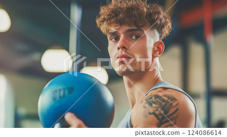 Young man exercises with a blue kettlebell in a modern gym 124086614