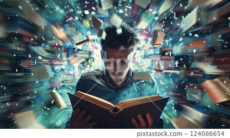 A man engrossed in reading a book while sitting amidst a collection of various books. 124086654