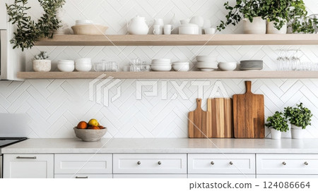 A kitchen with white cabinets and a herringbone tile backsplash. Two wooden shelves are installed on the wall. On the shelves are various dishes, glasses, and plants 124086664