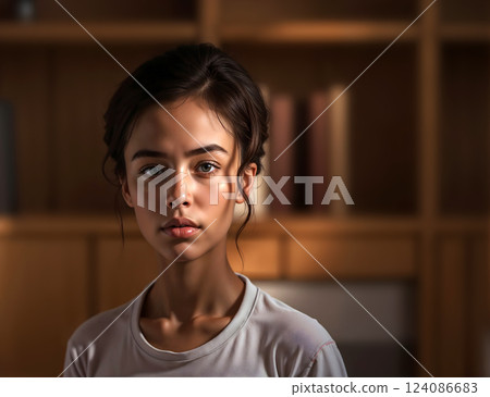 A young woman with brown hair and blue eyes is standing in front of a bookshelf 124086683