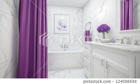 A stylish bathroom showcases a white bathtub, sleek sink, and marble tiles, complemented by purple curtains and floral decor, creating a serene atmosphere for relaxation and rejuvenation. 124086698