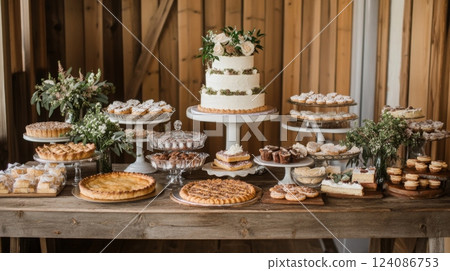 A stunning dessert table showcases an array of cakes, pastries, and pies, elegantly arranged for a special event at a rustic venue surrounded by wooden decor. 124086753