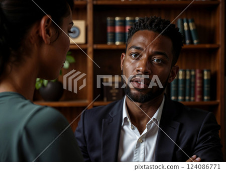 A man and a woman are having a conversation in a room with a lot of books A man and a woman are having a conversation in a room with a lot of books 124086771