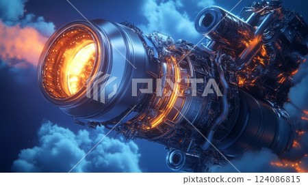 A rocket engine glows intensely as it ignites, surrounded by swirling clouds 124086815