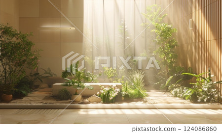 A white bench sits in a sunlit indoor garden, surrounded by various plants and foliage. Sunlight streams through a large window, illuminating the space. 124086860
