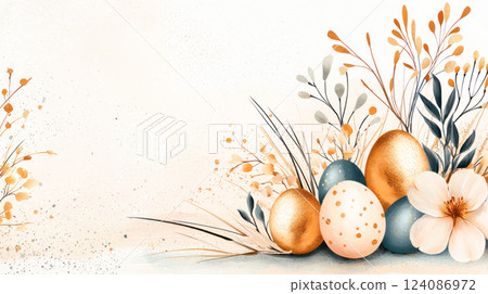 Elegant watercolor illustration of decorative Easter eggs with golden accents, surrounded by delicate floral elements on a light background. 124086972
