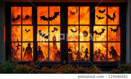 A window is decorated for Halloween. There are paper silhouettes of bats, ghosts, and other spooky figures against a bright orange background. 124086981