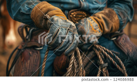 A cowboy in rugged gloves grips ropes while seated on a horse. The setting captures the spirit of ranch life in the warm light of late afternoon. 124086988