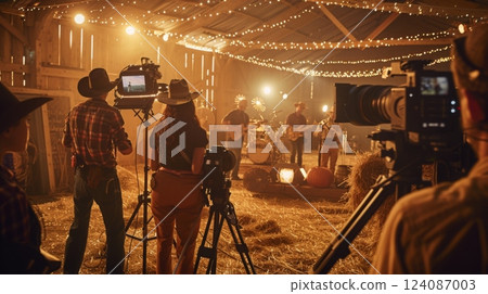 Musicians perform a lively country music set in a rustic barn adorned with warm lights, while crew members capture the moment with cameras. 124087003