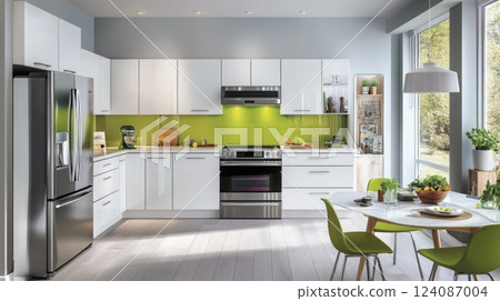 A well-designed kitchen featuring white cabinets and a bright green backsplash, complemented by modern appliances and a cozy dining area bathed in natural light from large windows. 124087004