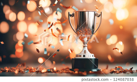 Shiny silver trophy cup standing on a reflective surface with golden bokeh lights and flying confetti, symbolizing victory, achievement, success, and celebration of excellence. 124087038