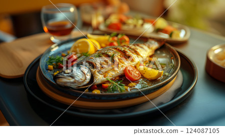 A beautifully presented grilled fish garnished with lemon slices and fresh vegetables, set on a table with a glass of drink in warm evening light. 124087105