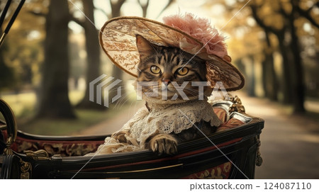A stylish cat wearing an elegant floral hat and lace clothing sits proudly in a vintage carriage 124087110