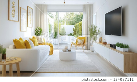 A welcoming living room features a white sofa adorned with yellow cushions, a stylish wooden coffee table, and large windows bringing in abundant natural light. Plants add a fresh touch to the decor. 124087111