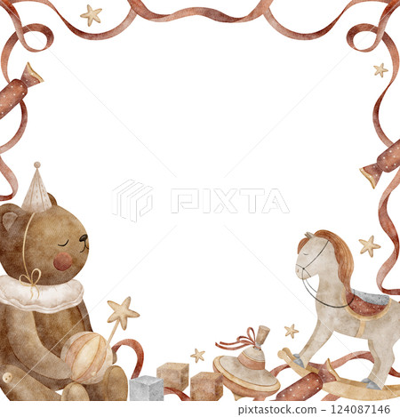 Frame of teddy bear in party cap with vintage toys, horse, swing, ball, cubes and red ribbons along the edge. Watercolor illustration hand drawing for invitations, Christmas cards, posters, templates Frame of teddy bear in party cap with vintage toys, horse, swing, ball, cubes and red ribbons along the edge. Watercolor illustration hand drawing for invitations, Christmas cards, posters, templates 124087146