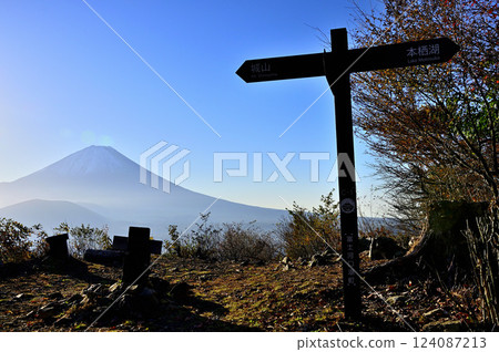 清晨，從禦坂山脈的烏帽子山頂俯瞰富士山。 124087213