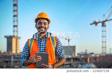 A man wearing a hard hat and orange vest is holding a tablet 124087236