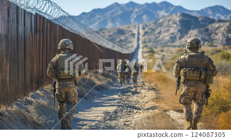 Soldiers patrol near the border fence in a mountainous terrain on a clear day 124087305
