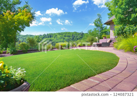 green grass lawn, plants and stone pathway in a classic courtyard 124087321