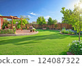green grass lawn, plants and wooden fence in modern backyard patio 124087322