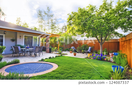green grass lawn in garden, plants and wooden fence in summer backyard patio 124087337