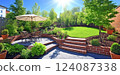 green grass lawn in garden, plants and wooden fence in summer backyard patio 124087338