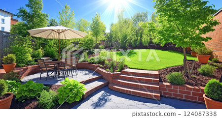green grass lawn in garden, plants and wooden fence in summer backyard patio 124087338