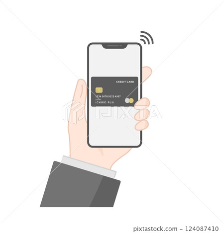 使用已註冊信用卡的智慧型手機進行觸控支付的圖示/插圖（平面設計） 124087410