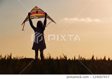 Beautiful sunlight and kite in hands of a child. Happy girl have a walk outdoors on the field at summer Beautiful sunlight and kite in hands of a child. Happy girl have a walk outdoors on the field at summer 124087457
