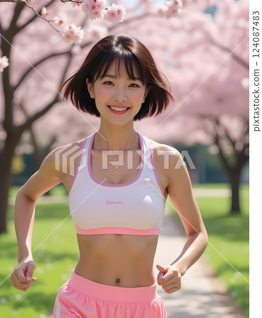 一名女子在櫻花盛開的道路上奔跑 124087483