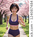 A woman wearing purple running clothes running through a park with cherry blossoms in full bloom 124087484