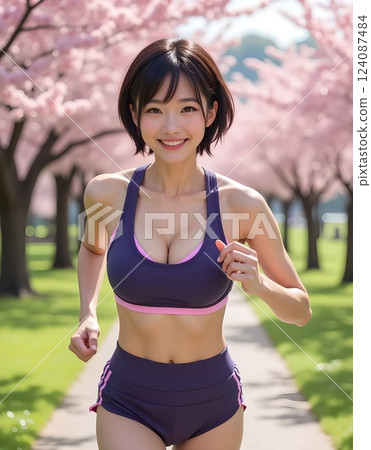 一名身穿紫色跑步服的女子在櫻花盛開的公園裡奔跑 124087484