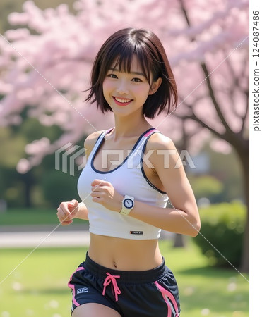 A woman wearing black shorts running in a park with cherry blossoms A woman wearing black shorts running in a park with cherry blossoms 124087486