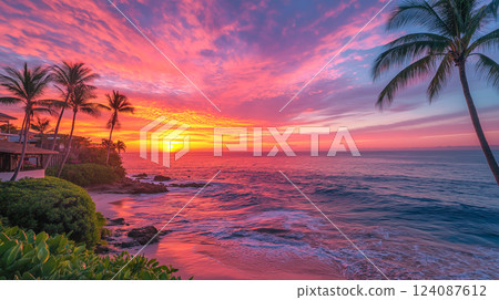 Beautiful sunset over the ocean with palm trees creating a tranquil beach atmosphere at dusk 124087612