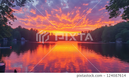 Stunning sunset over calm lake with colorful clouds reflecting on water at twilight 124087614