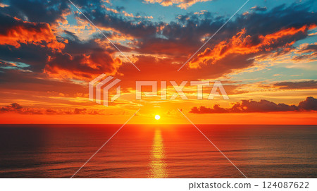 Breathtaking sunset over calm ocean waters with vibrant clouds and colors Breathtaking sunset over calm ocean waters with vibrant clouds and colors 124087622
