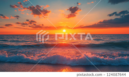Vibrant sunset over calm ocean waves at beach with dramatic clouds 124087644