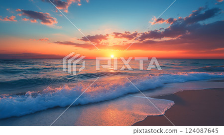 Vibrant sunset over calm ocean waves at a sandy beach with colorful clouds in the sky Vibrant sunset over calm ocean waves at a sandy beach with colorful clouds in the sky 124087645