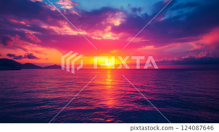 Vibrant sunset over tranquil waters with dramatic clouds reflecting warm colors in the sky 124087646