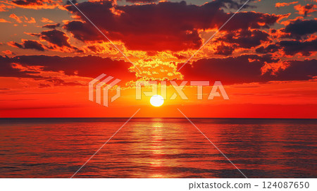 Stunning sunset over calm ocean waters creates a vibrant display of colors at twilight Stunning sunset over calm ocean waters creates a vibrant display of colors at twilight 124087650