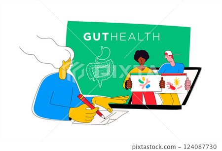 Woman in the process of taking notes, with her laptop displaying the digestive tract anatomy and gut microbiome bacteria 124087730