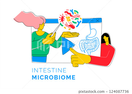 Woman learns online at webinar about gut microbiome. Video in browser with Play button. 124087736