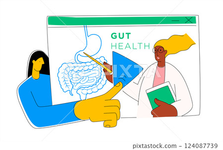 Woman learns online at webinar about gut health. Video in browser with Play button. 124087739