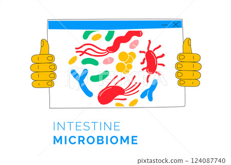 Intestine Microbiome Illustration with Magnified Bacteria and Digestive System. Intestine Microbiome Illustration with Magnified Bacteria and Digestive System. 124087740