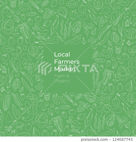 Hand-drawn doodle style vector illustration of fresh farm vegetables and fruits forming a frame Hand-drawn doodle style vector illustration of fresh farm vegetables and fruits forming a frame 124087743