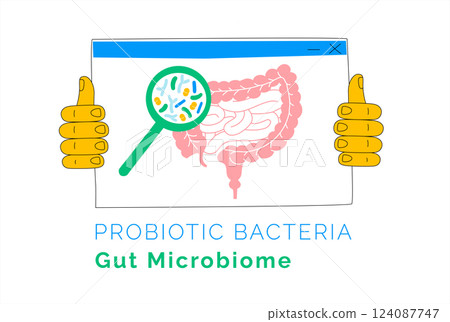 Intestine Microbiome Illustration with Magnified Bacteria and Digestive System. Intestine Microbiome Illustration with Magnified Bacteria and Digestive System. 124087747