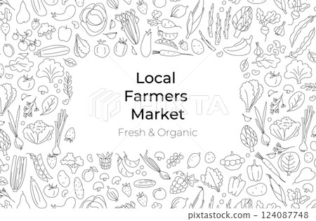 Hand-drawn doodle style vector illustration of fresh farm vegetables and fruits forming a frame 124087748