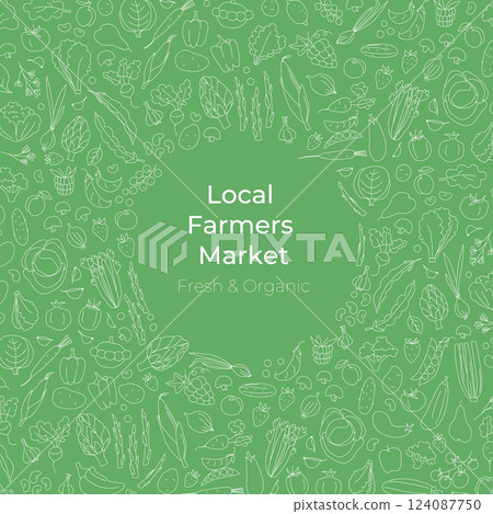 Hand-drawn doodle style vector illustration of fresh farm vegetables and fruits forming a frame 124087750