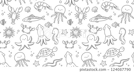 Seamless pattern with outline sea animals on white background, underwater life, vector illustrations. Nautical repeating monochrome design for nursery Seamless pattern with outline sea animals on white background, underwater life, vector illustrations. Nautical repeating monochrome design for nursery 124087790