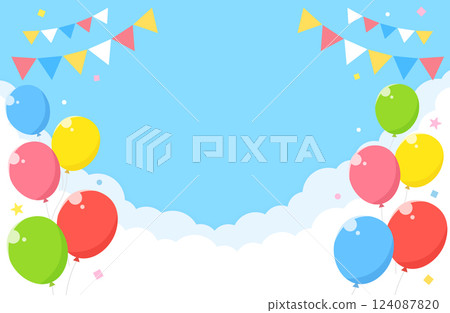 藍天氣球五彩紙屑背景圖 藍天氣球五彩紙屑背景圖 124087820